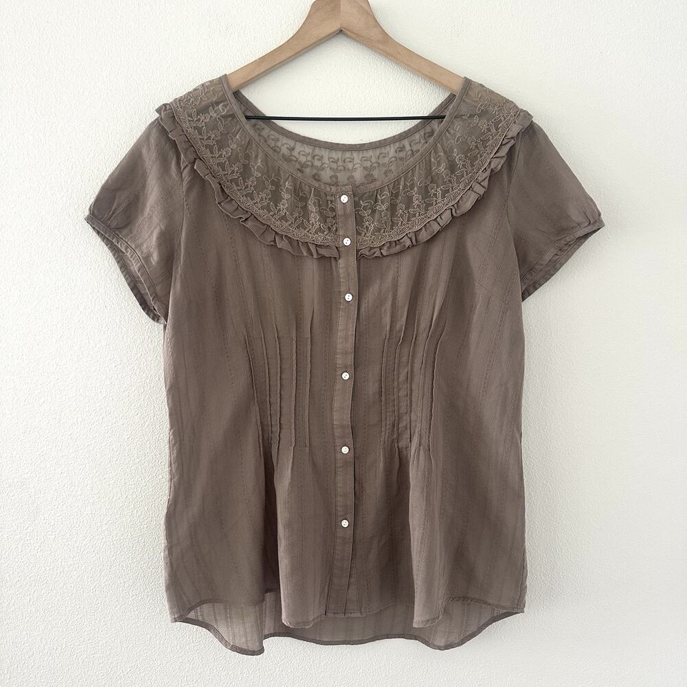 Eddie Bauer 100% Cotton Blouse L Embroidered Lace Coquette Cottage Boho Fairy